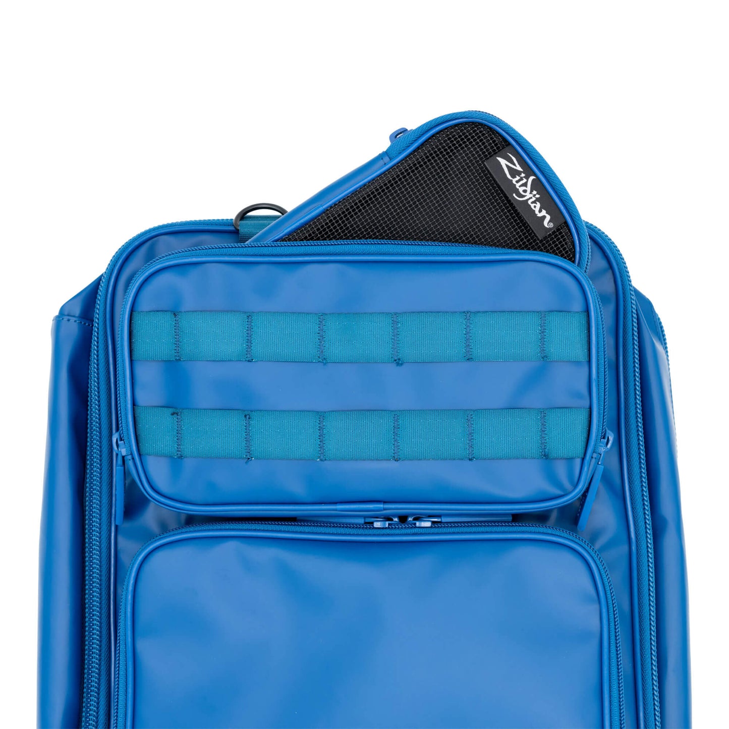 Small Blue Zildjian Accessory Pouch poking out of the top pocket of Zildjian Touring Stick Bag