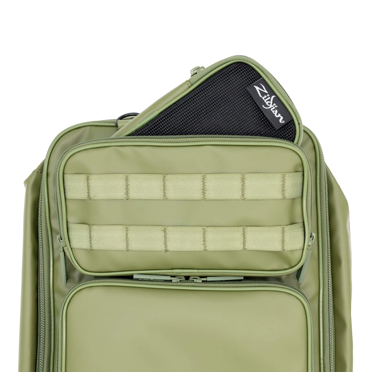 Small Green Zildjian Accessory Pouch poking out of the top pocket of Zildjian Touring Stick Bag